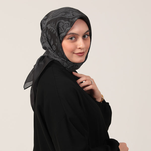 Pamuk İpek Eşarp - Mistik Desen - Siyah Beyaz