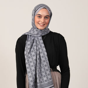 Pamuk İpek Şal - Monogram Desen - Gri Lacivert
