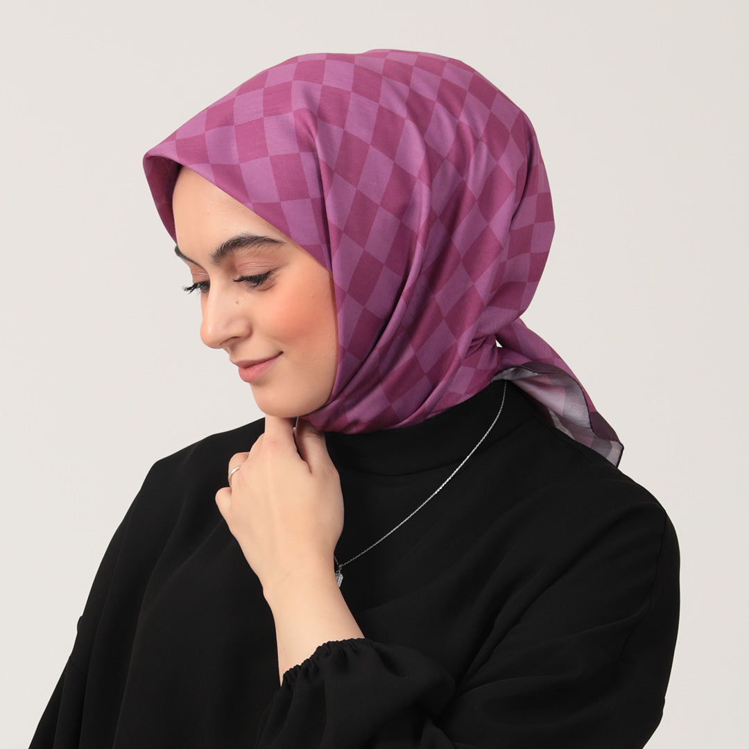 Pamuk İpek Eşarp - Dama Desen - Mürdüm