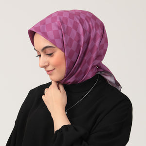 Pamuk İpek Eşarp - Dama Desen - Mürdüm