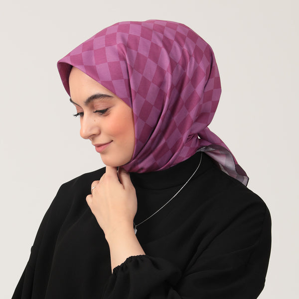 Pamuk İpek Eşarp - Dama Desen - Mürdüm