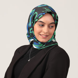 Twill Eşarp - İlkbahar Desen - Siyah Yeşil