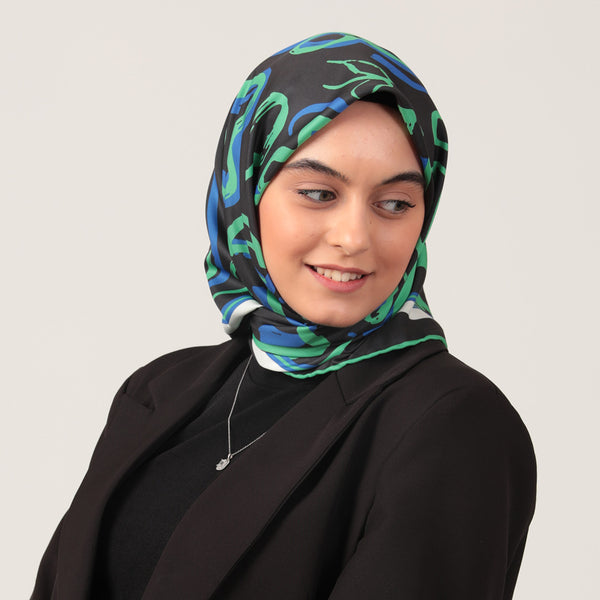 Twill Eşarp - İlkbahar Desen - Siyah Yeşil