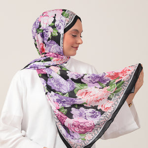 Pamuk İpek Şal - Floral Desen - Siyah Lila