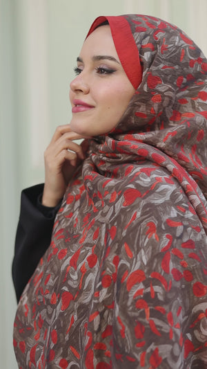 Tensel Şal - Yaprak Desen - Kırmızı