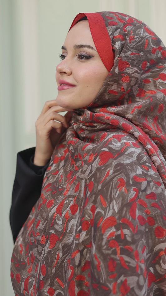 Tensel Şal - Yaprak Desen - Kırmızı