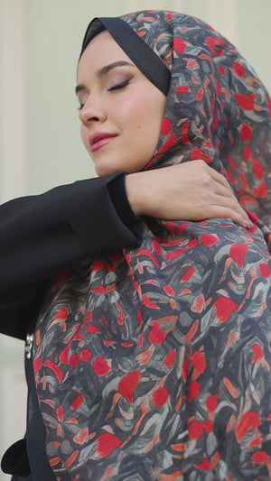 Tensel Şal - Yaprak Desen - Siyah Kırmızı