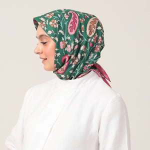 Pamuk İpek Eşarp - Etnik Floral Desen - Zümrüt Yeşili