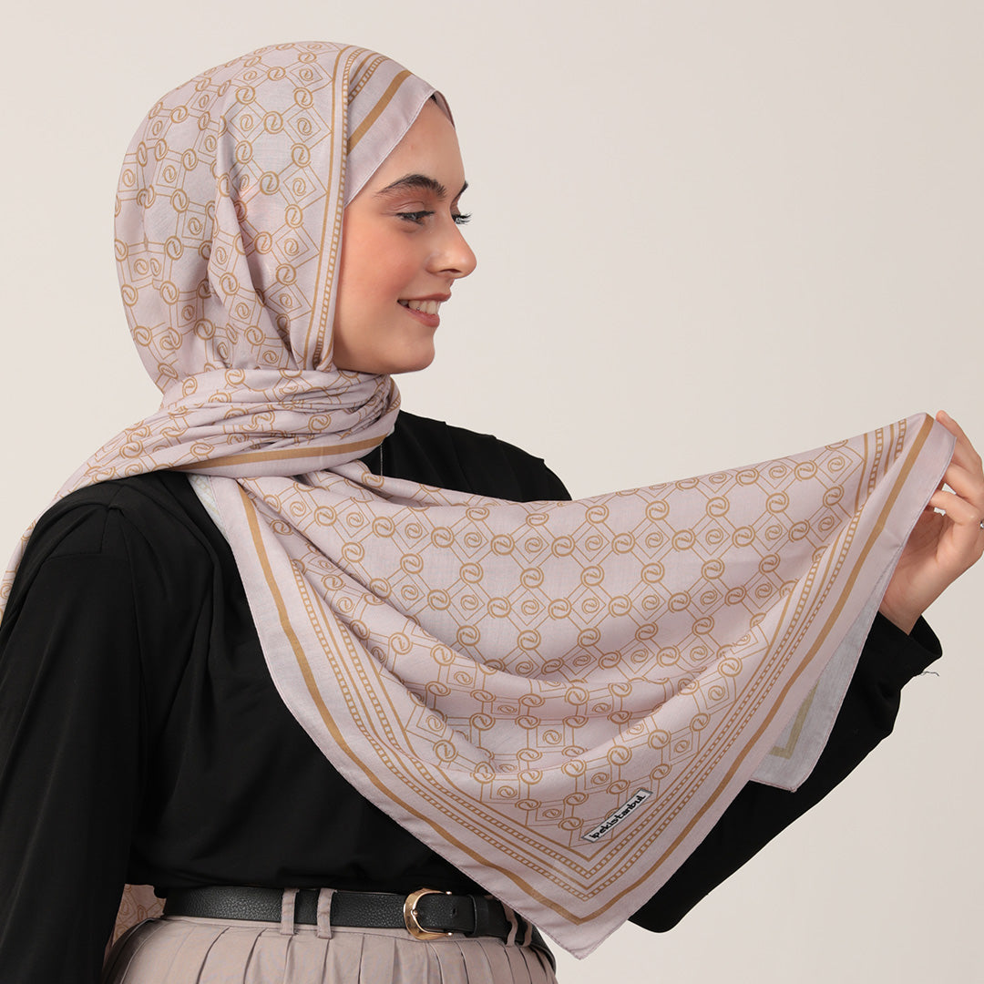 Pamuk İpek Şal - Monogram Desen - Latte Gold