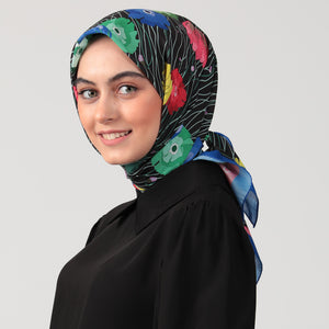 Pamuk İpek Eşarp - Bahar Bahçesi Desen - Saks Siyah