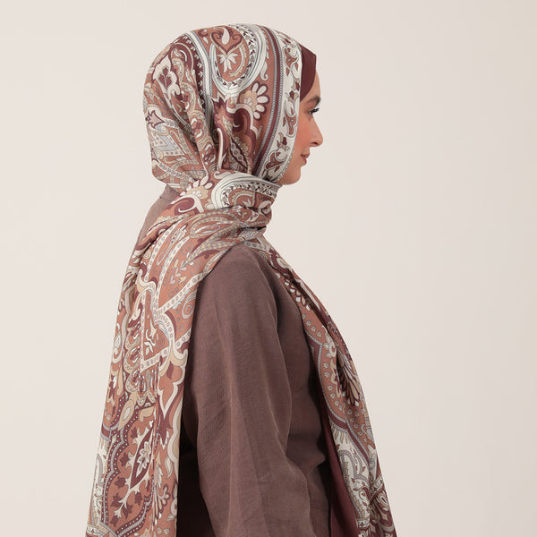 Pamuk İpek Şal - Barok Desen - Kahverengi