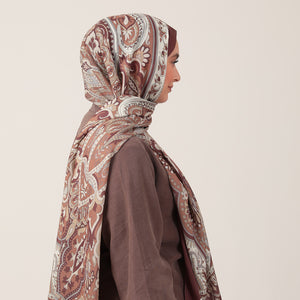 Pamuk İpek Şal - Barok Desen - Kahverengi