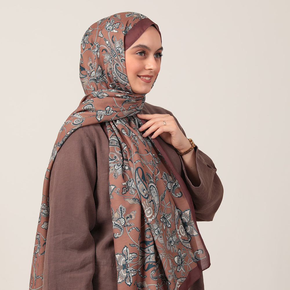 Pamuk İpek Şal - Paisley Çiçek Desen - Tarçın