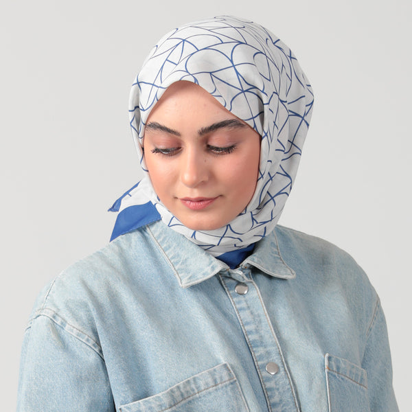 Pamuk İpek Eşarp - Geometrik Desen - Saks Mavisi
