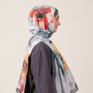 Pamuk İpek Şal - Hatmi Desen - Gri Pembe