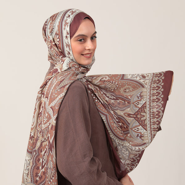 Pamuk İpek Şal - Barok Desen - Kahverengi