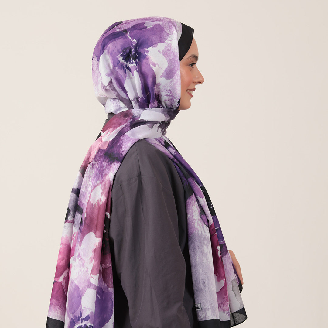 Pamuk İpek Şal - Hatmi Desen - Eflatun