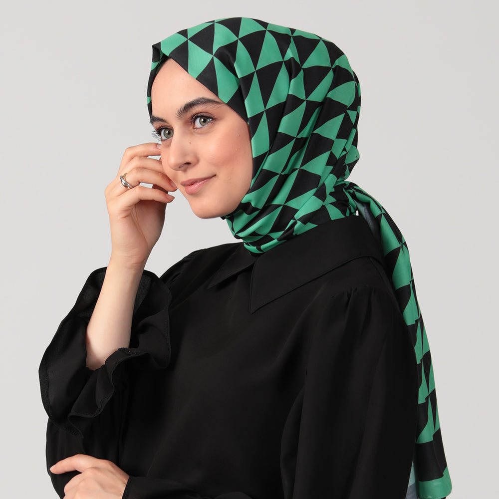 Pamuk İpek Şal - Üçgen Desen - Yeşil