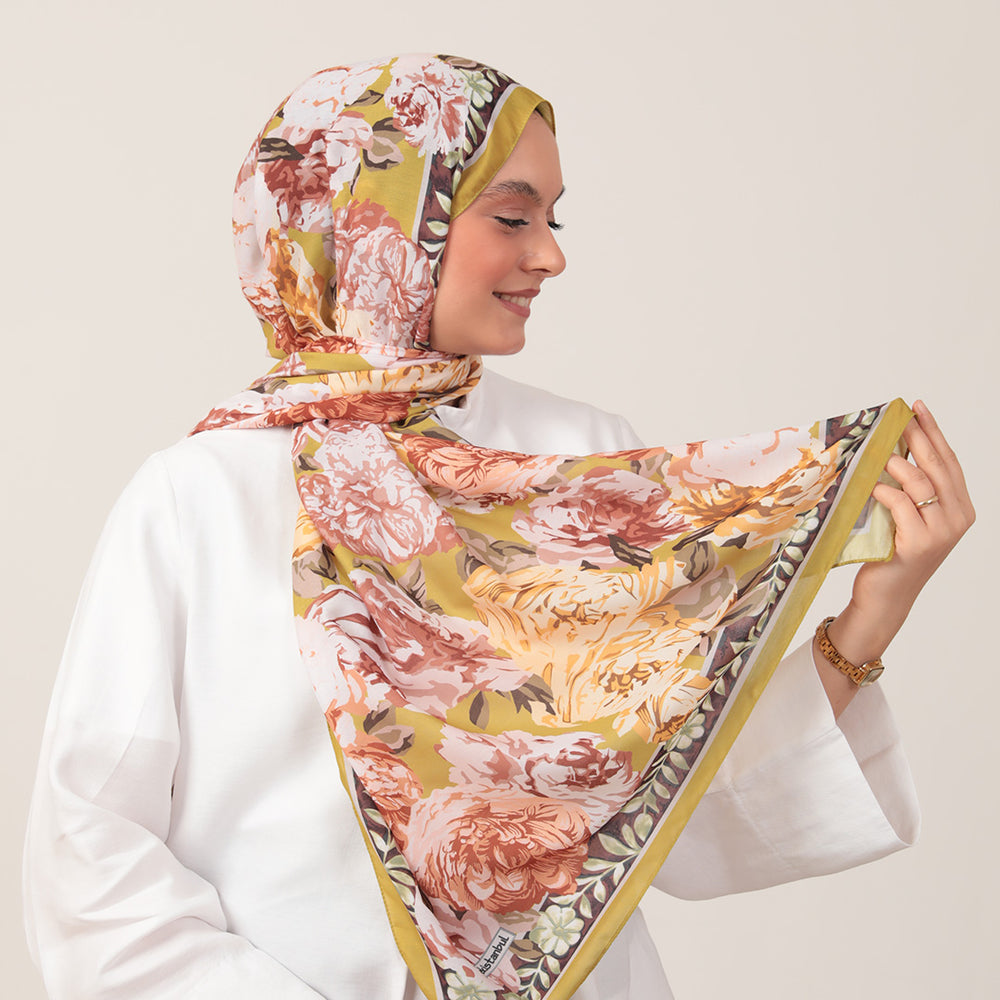 Pamuk İpek Şal - Floral Desen - Yağ Yeşili