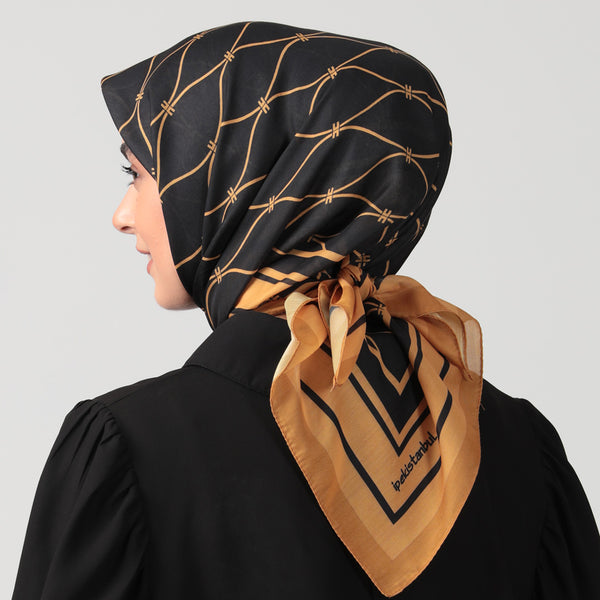 Pamuk İpek Eşarp - Dalga Desen - Gold