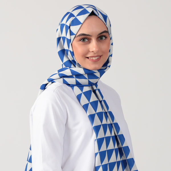 Pamuk İpek Şal - Üçgen Desen - Saks Mavi