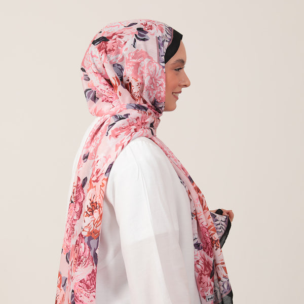 Pamuk İpek Şal - Floral Desen - Pudra