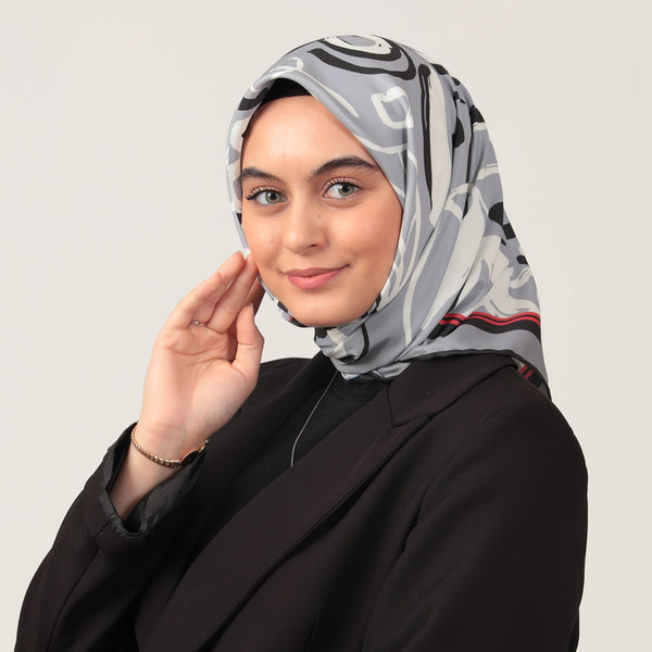 Twill Eşarp - İlkbahar Desen - Gri Kırmızı