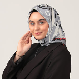 Twill Eşarp - İlkbahar Desen - Gri Kırmızı