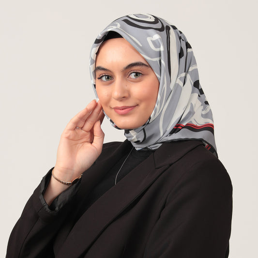 Twill Eşarp - İlkbahar Desen - Gri Kırmızı