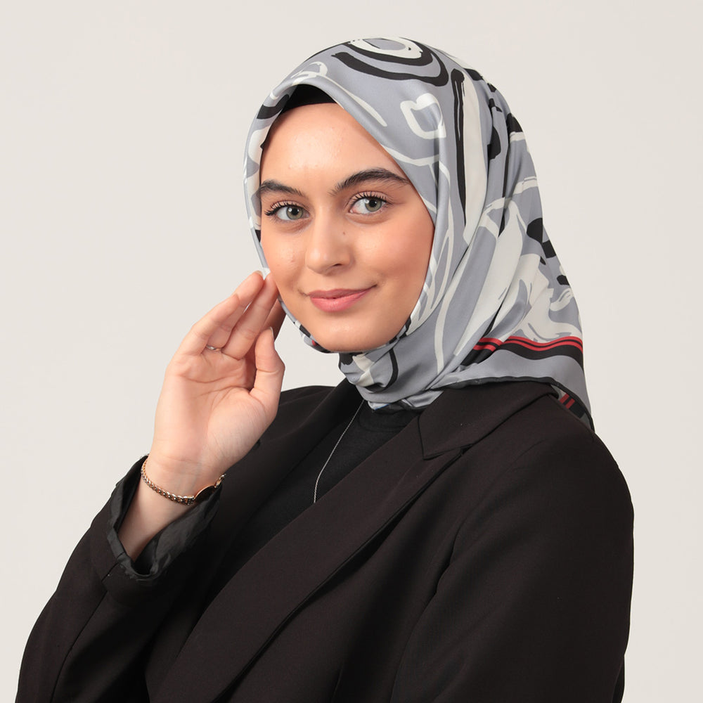 Twill Eşarp - İlkbahar Desen - Gri Kırmızı