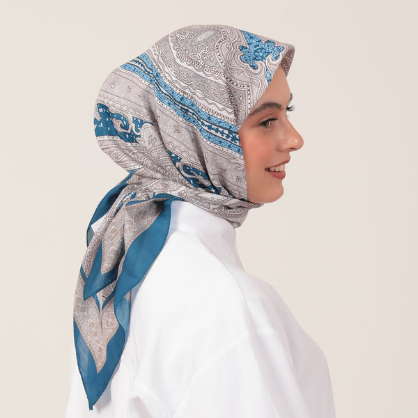 Pamuk İpek Eşarp - Hint Desen - Kot Gri