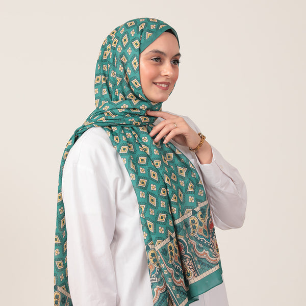 Pamuk İpek Şal - Orient Desen - Benetton Yeşili