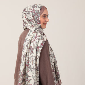 Pamuk İpek Şal - Paisley Çiçek Desen - Tatlı Kahve