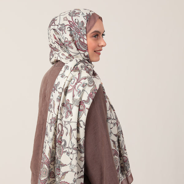Pamuk İpek Şal - Paisley Çiçek Desen - Tatlı Kahve