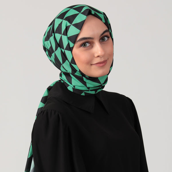 Pamuk İpek Şal - Üçgen Desen - Yeşil