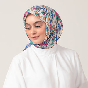 Pamuk İpek Eşarp - Etnik Floral Desen - Saks Mavisi