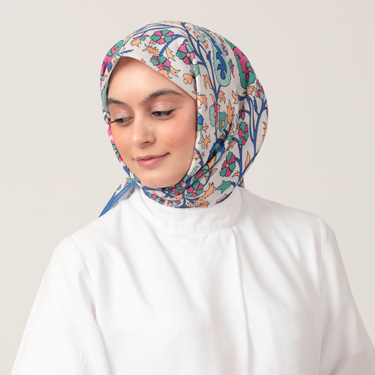 Pamuk İpek Eşarp - Etnik Floral Desen - Saks Mavisi
