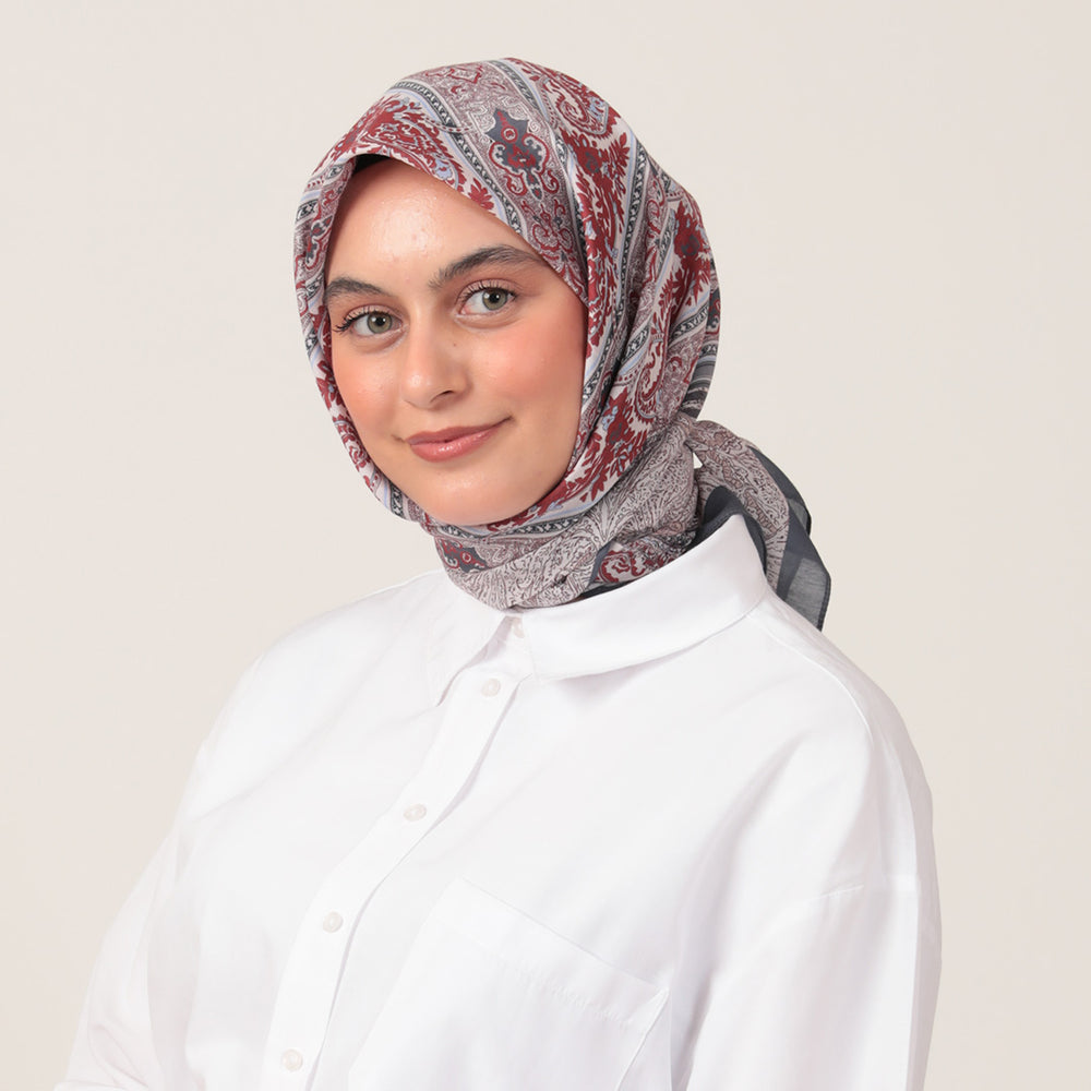 Pamuk İpek Eşarp - Etro Desen - Füme Bordo