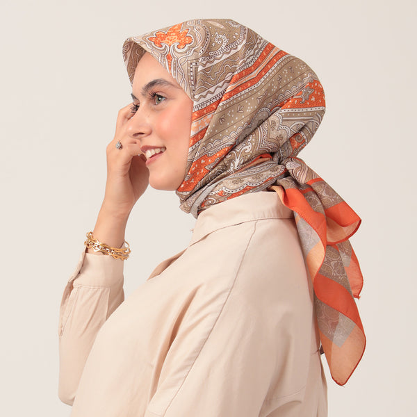 Pamuk İpek Eşarp - Hint Desen - Turuncu