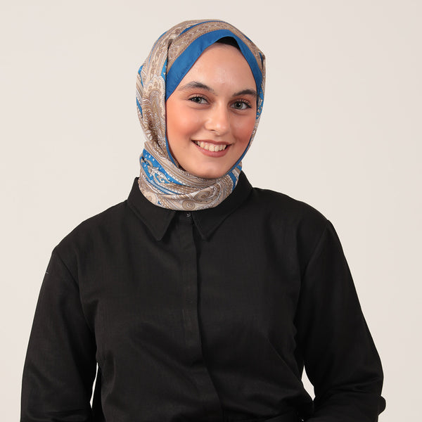 Pamuk İpek Şal - Hint Desen - Saks Gold