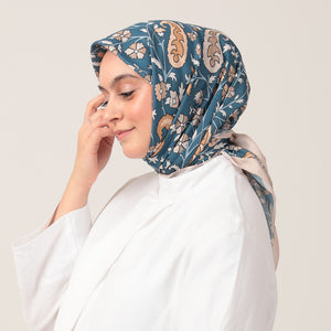 Pamuk İpek Eşarp - Etnik Floral Desen - Vizon Mavi