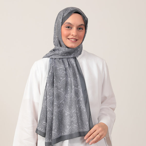 Pamuk İpek Şal - Mandala Desen - Gri