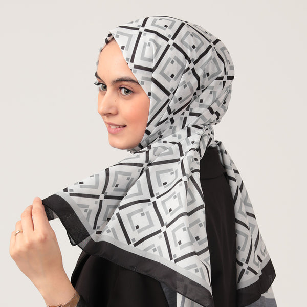 Pamuk İpek Şal - Yeni Baklava Desen - Siyah Beyaz