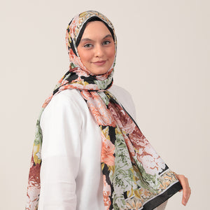 Pamuk İpek Şal - Floral Desen - Siyah Yeşil