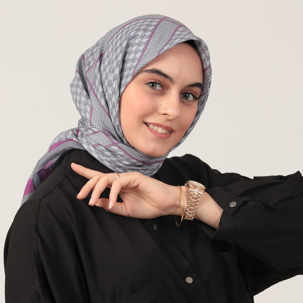 Pamuk İpek Eşarp - Minik Kazayağı Desen - Lila Gri