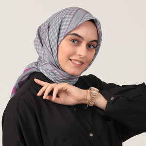 Pamuk İpek Eşarp - Minik Kazayağı Desen - Lila Gri