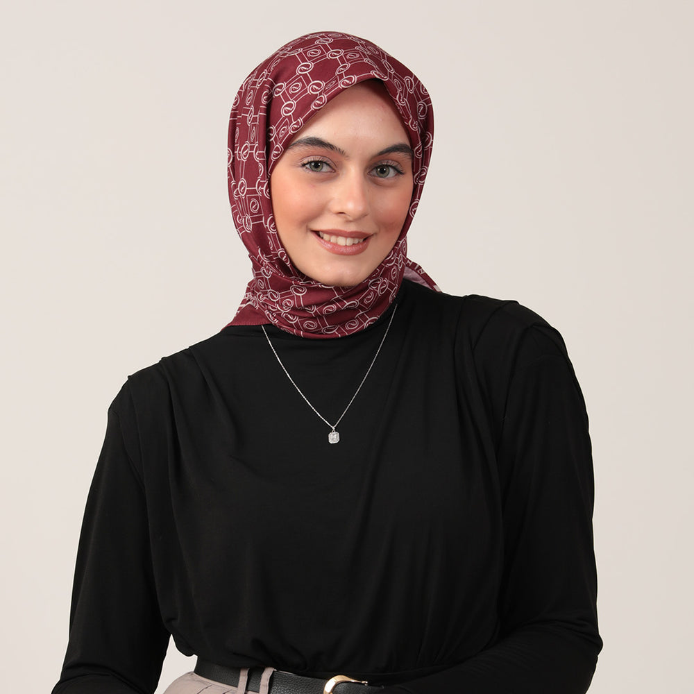 Pamuk İpek Eşarp - Monogram Desen - Bordo