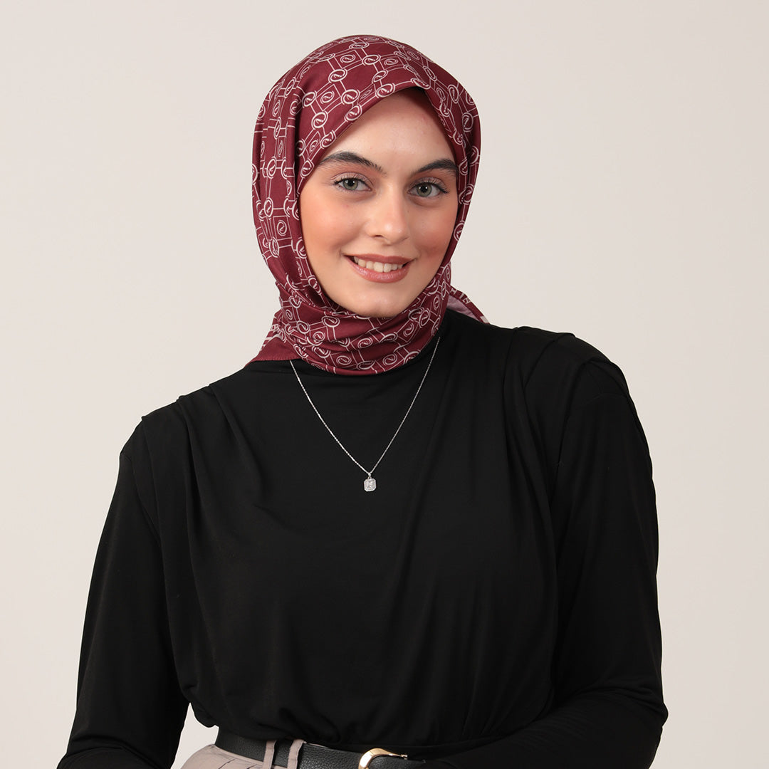 Pamuk İpek Eşarp - Monogram Desen - Bordo