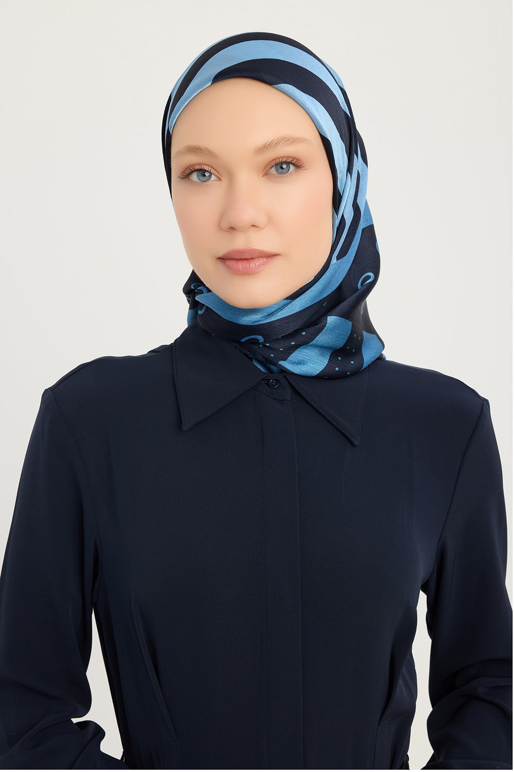 Aurora Desenli Janjan Eşarp - Ritmik Geometri - Saks Mavisi