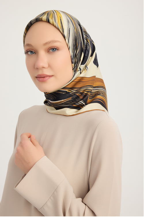 %100 İpek Twill Eşarp - Altın Zambak - Toprak